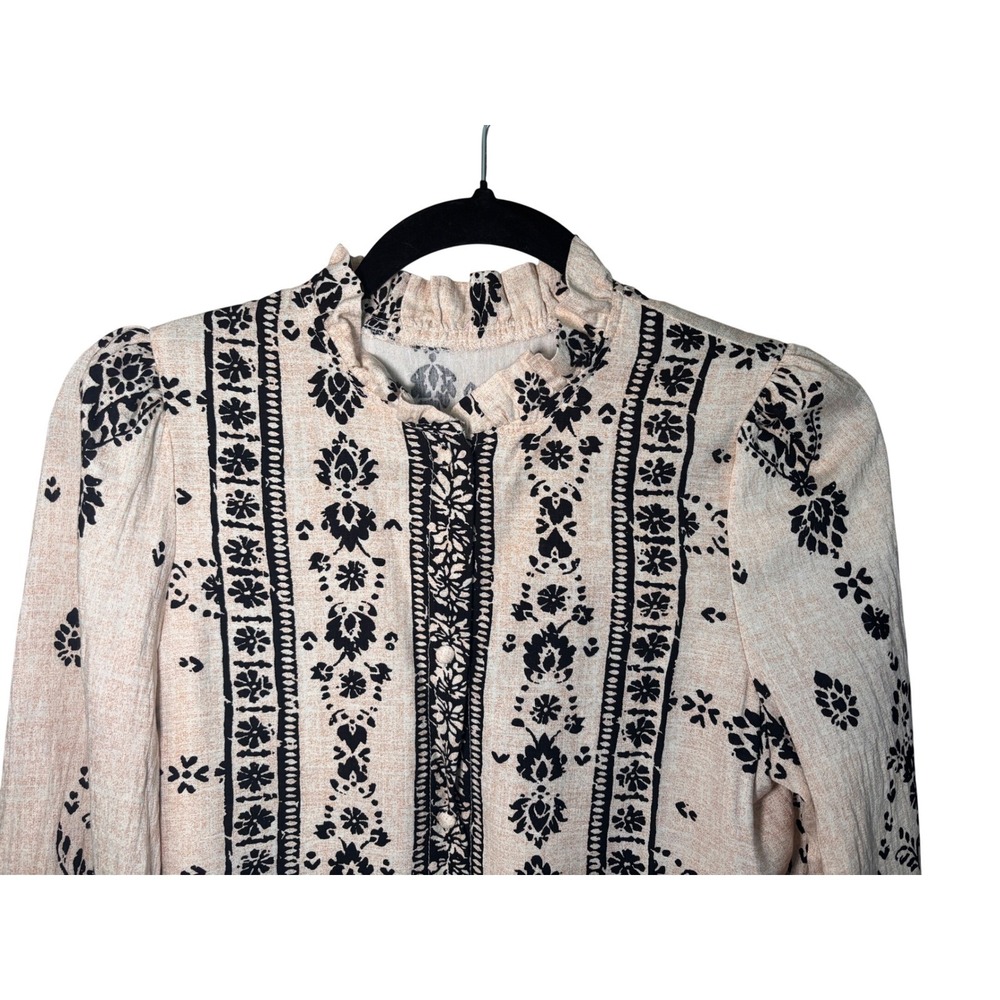 Damask Floral Ruffle Neck Boho Cottagecore Women Blouse S Beige Black - Picture 5 of 11